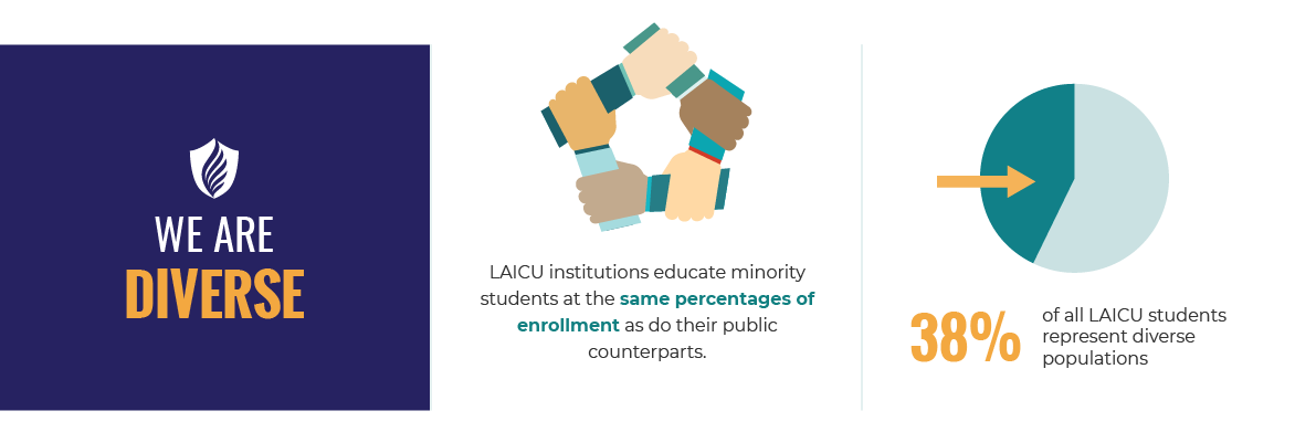 We Are Diverse. LAICU institutions educate minority students at the same percentages of enrollment as do their public counterparts. 38% of all LAICU students represent diverse populations.